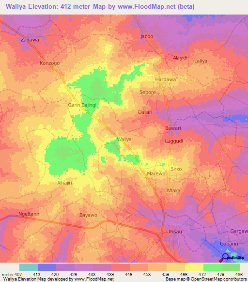 Waliya,Nigeria Elevation Map