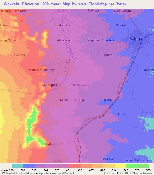 Wakkaltu,Nigeria Elevation Map