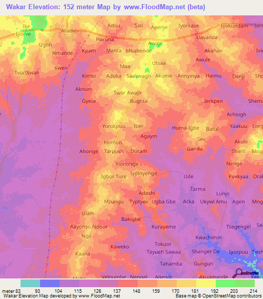 Wakar,Nigeria Elevation Map