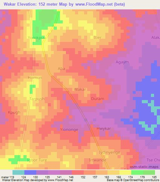 Wakar,Nigeria Elevation Map