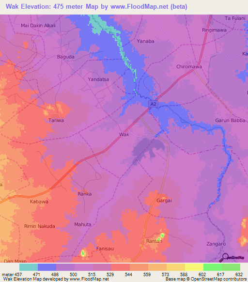 Wak,Nigeria Elevation Map