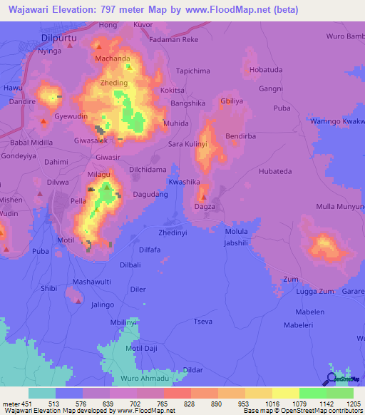 Wajawari,Nigeria Elevation Map