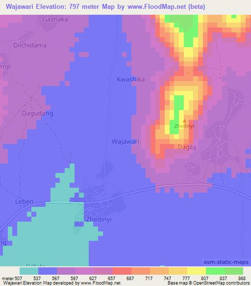 Wajawari,Nigeria Elevation Map