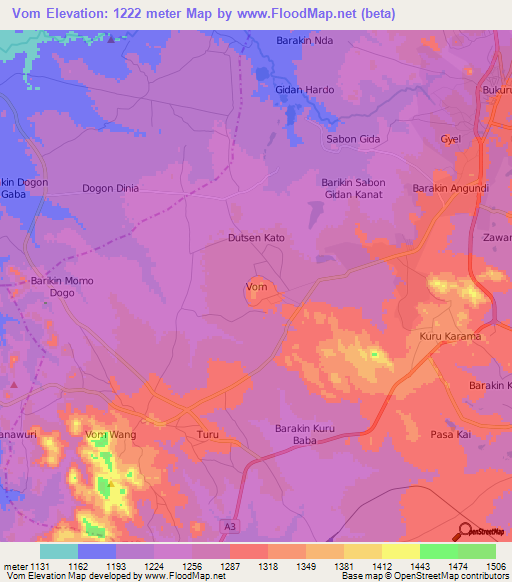 Vom,Nigeria Elevation Map