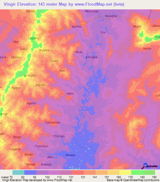 Vingir,Nigeria Elevation Map