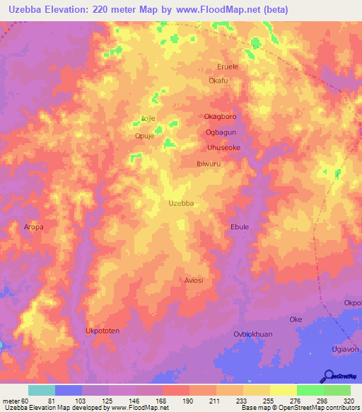 Uzebba,Nigeria Elevation Map