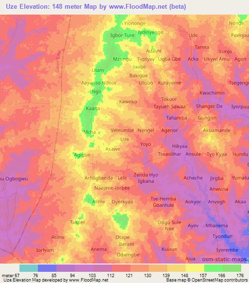 Uze,Nigeria Elevation Map