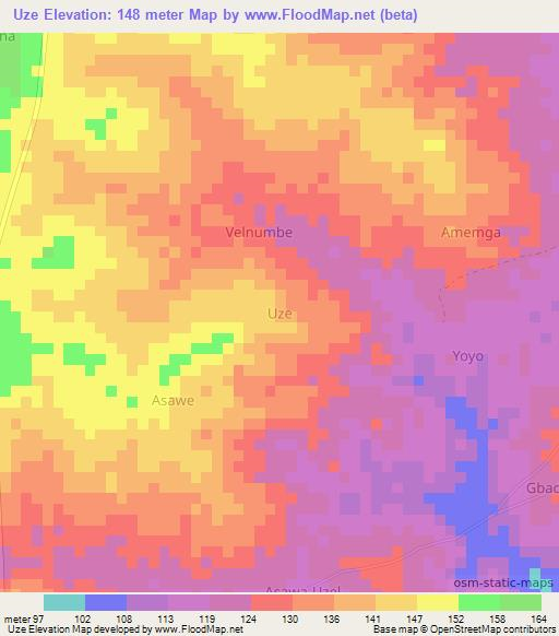 Uze,Nigeria Elevation Map