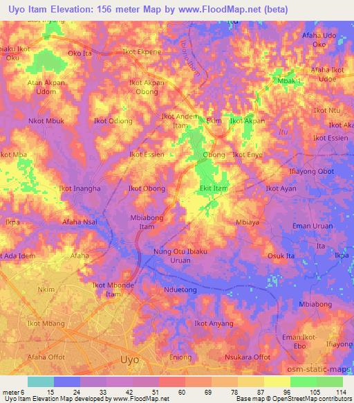 Uyo Itam,Nigeria Elevation Map