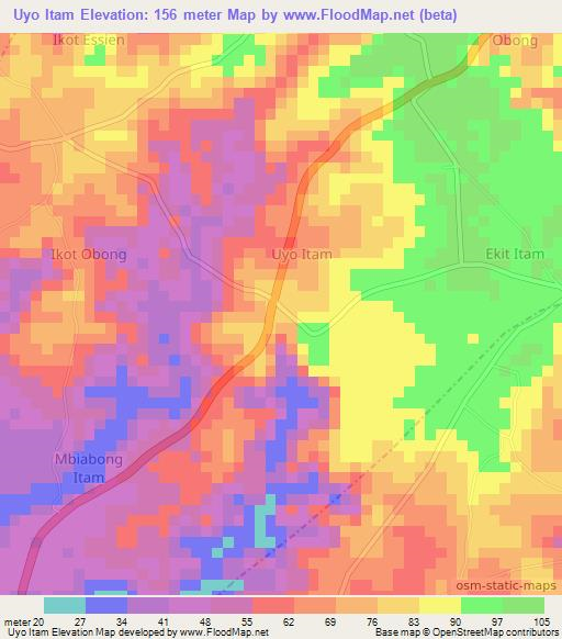 Uyo Itam,Nigeria Elevation Map