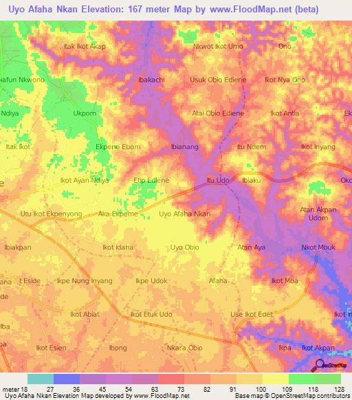 Uyo Afaha Nkan,Nigeria Elevation Map