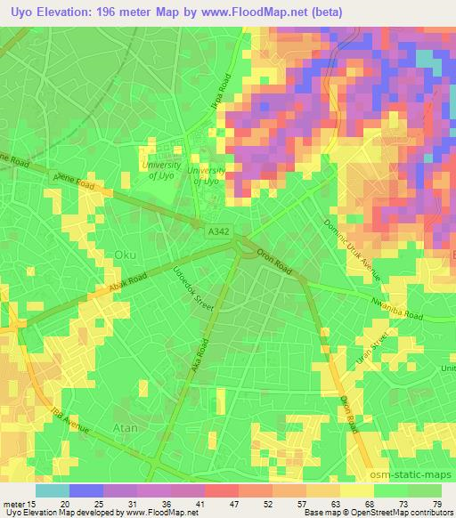 Uyo,Nigeria Elevation Map