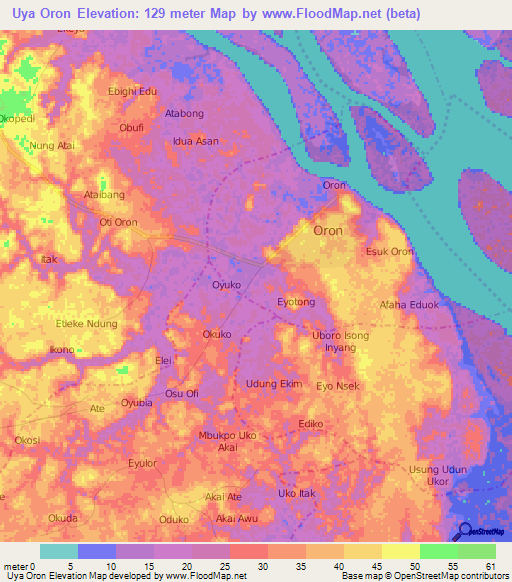 Uya Oron,Nigeria Elevation Map