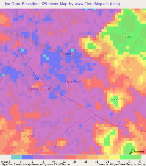 Uya Oron,Nigeria Elevation Map