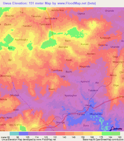 Uwua,Nigeria Elevation Map