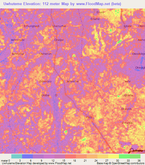 Uwhuteme,Nigeria Elevation Map