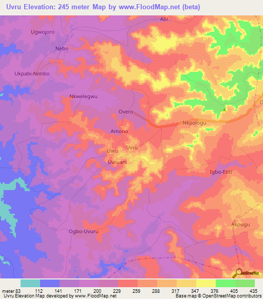 Uvru,Nigeria Elevation Map