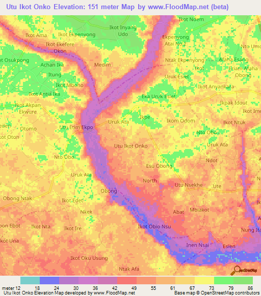 Utu Ikot Onko,Nigeria Elevation Map