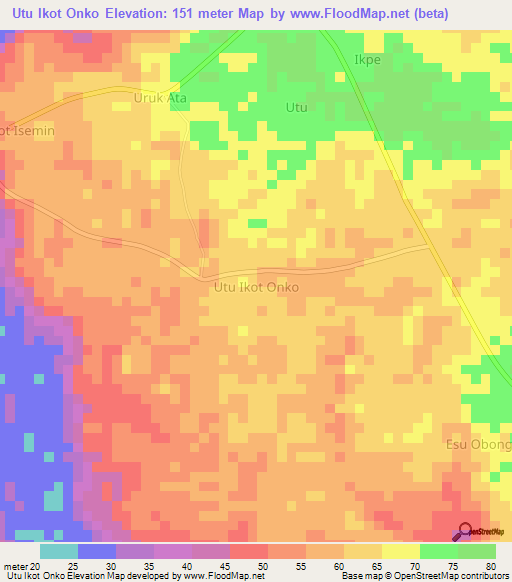 Utu Ikot Onko,Nigeria Elevation Map