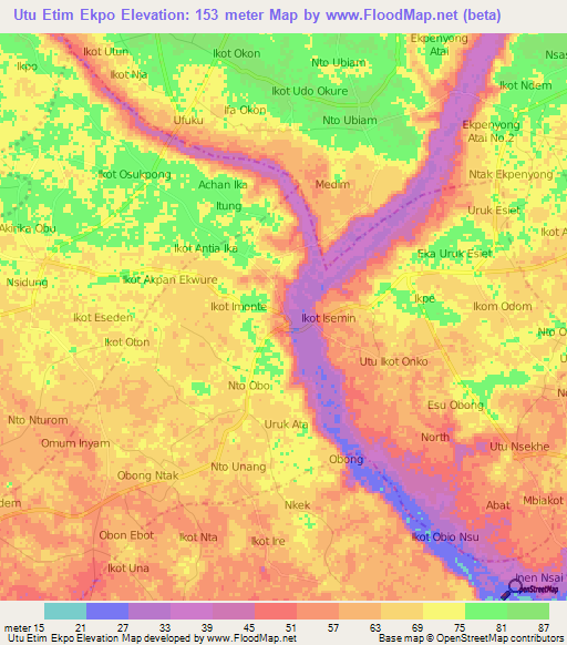 Utu Etim Ekpo,Nigeria Elevation Map