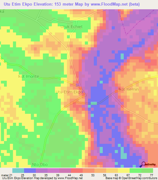 Utu Etim Ekpo,Nigeria Elevation Map