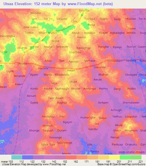 Utsaa,Nigeria Elevation Map