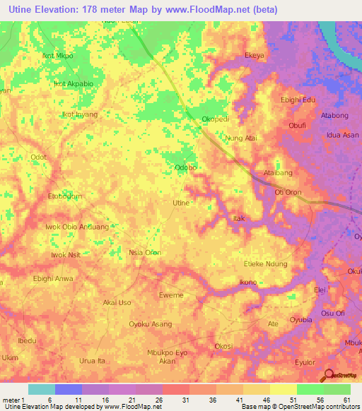 Utine,Nigeria Elevation Map