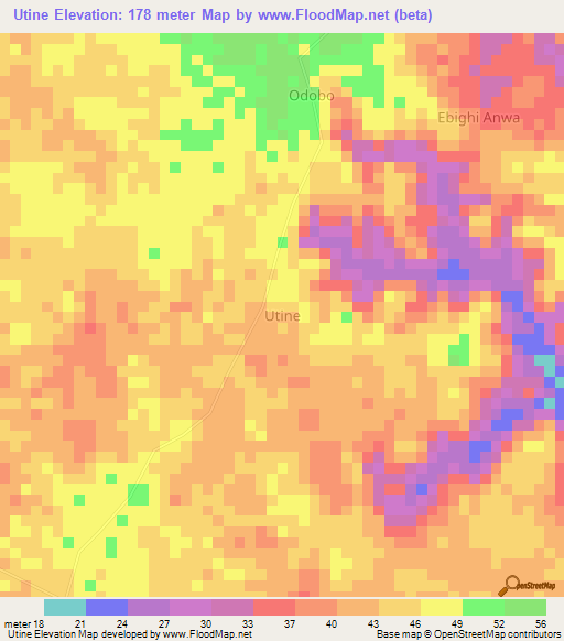 Utine,Nigeria Elevation Map