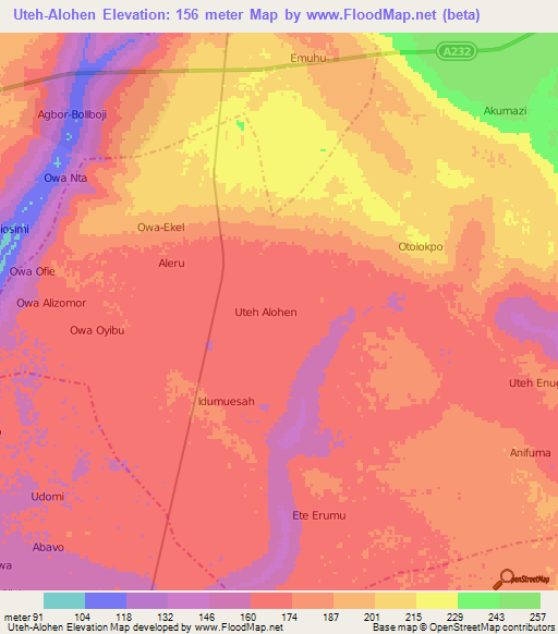 Uteh-Alohen,Nigeria Elevation Map