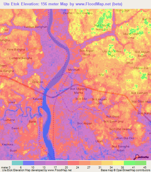 Ute Etok,Nigeria Elevation Map