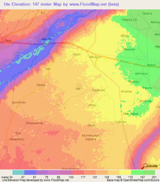 Ute,Nigeria Elevation Map