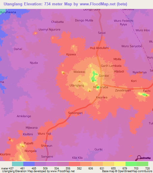 Utanglang,Nigeria Elevation Map