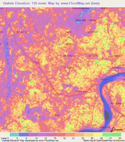 Utakele,Nigeria Elevation Map