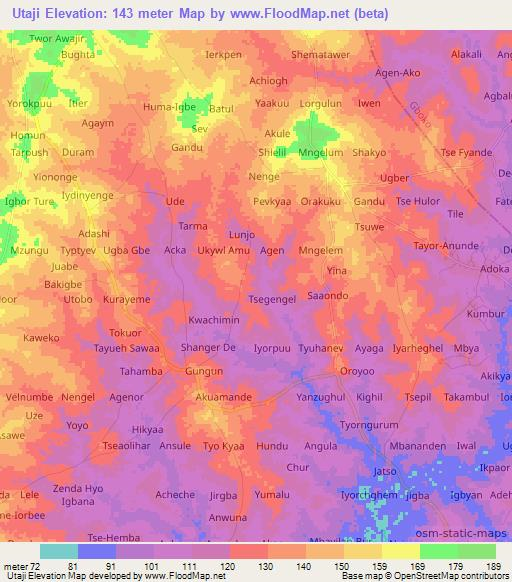 Utaji,Nigeria Elevation Map