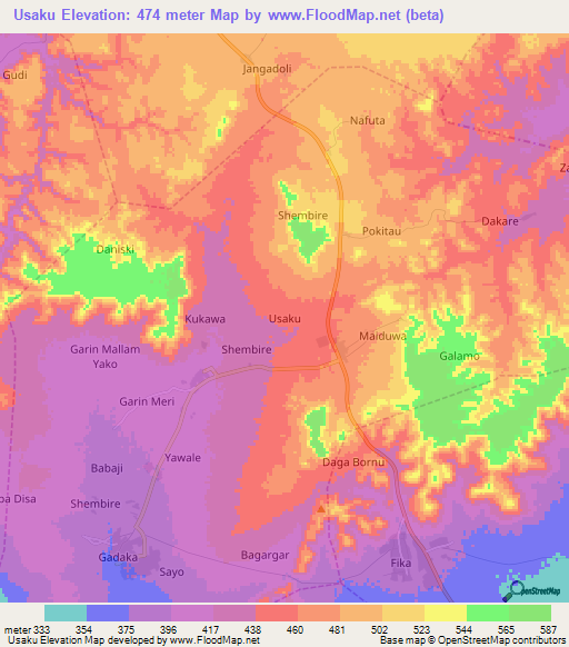 Usaku,Nigeria Elevation Map