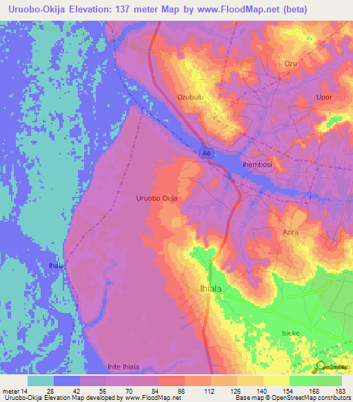 Uruobo-Okija,Nigeria Elevation Map