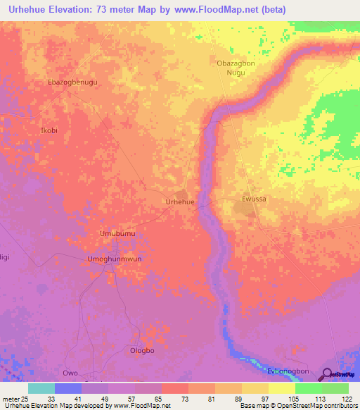 Urhehue,Nigeria Elevation Map