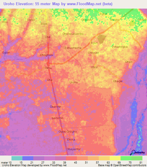 Uroho,Nigeria Elevation Map