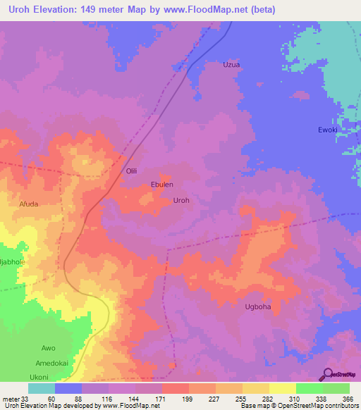 Uroh,Nigeria Elevation Map