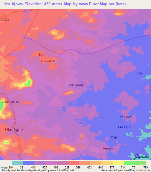 Uro Ajowa,Nigeria Elevation Map