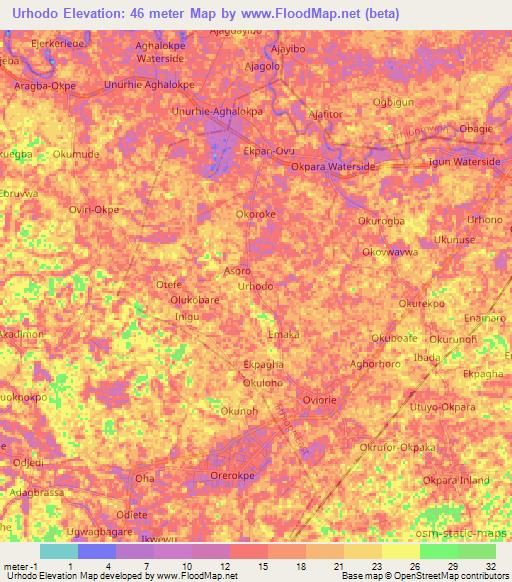 Urhodo,Nigeria Elevation Map