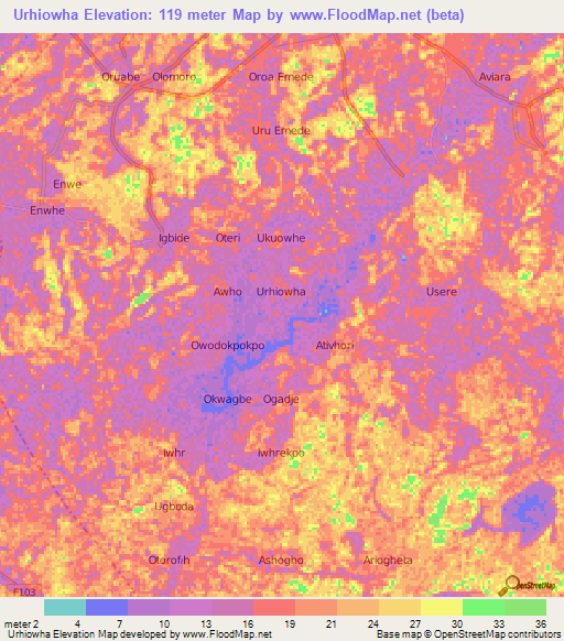 Urhiowha,Nigeria Elevation Map