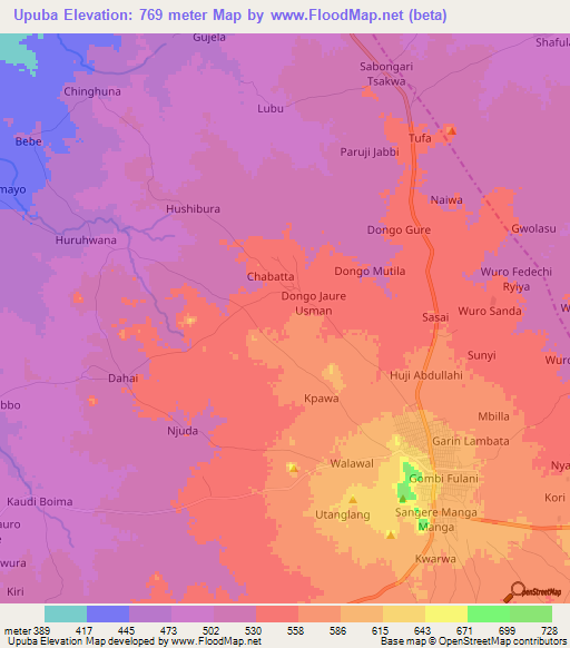 Upuba,Nigeria Elevation Map