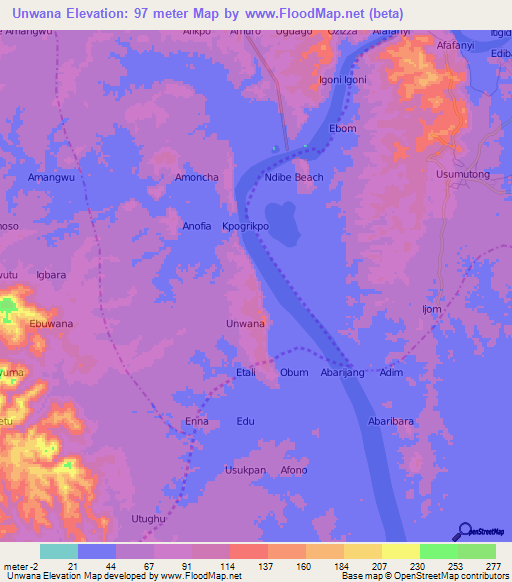 Unwana,Nigeria Elevation Map