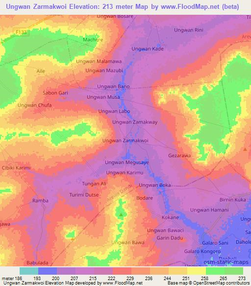 Ungwan Zarmakwoi,Nigeria Elevation Map