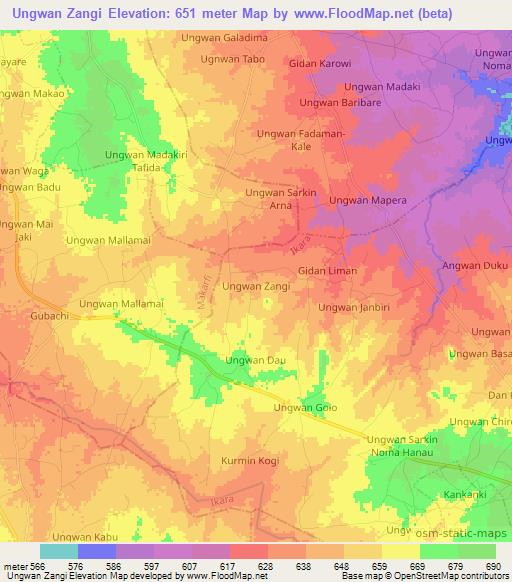 Ungwan Zangi,Nigeria Elevation Map