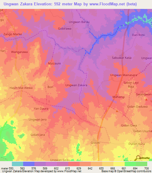 Ungwan Zakara,Nigeria Elevation Map