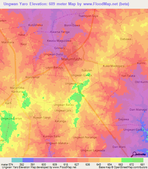 Ungwan Yaro,Nigeria Elevation Map