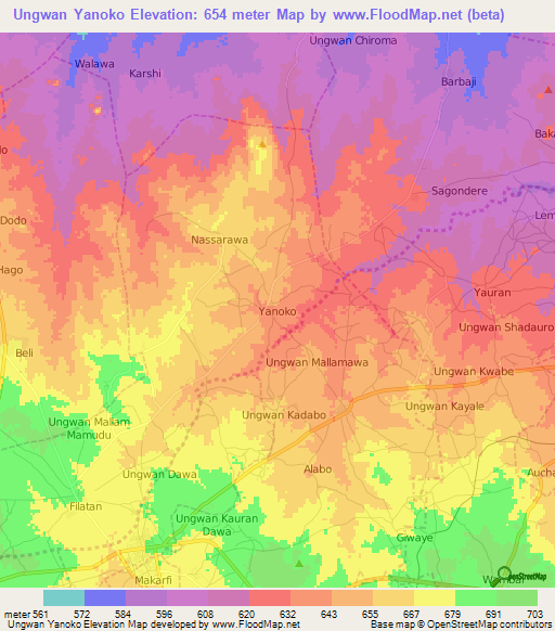 Ungwan Yanoko,Nigeria Elevation Map