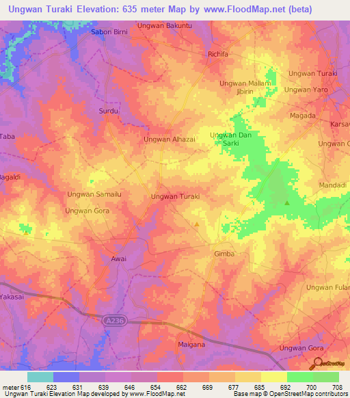 Ungwan Turaki,Nigeria Elevation Map